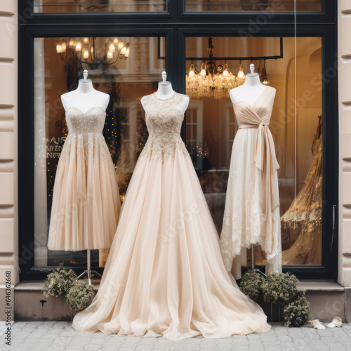 store window display of wedding dresses.