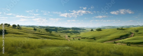 Peaceful countryside photo realistic illustration - Generative AI. © Mariia