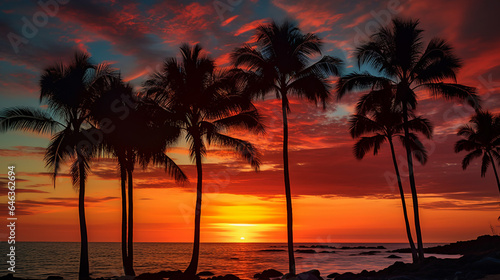 Tropical Palms Silhouetted at Sunset with Sun Reflection in Sea