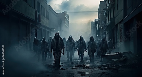 Misty night evening with the zombies walking in the abandoned city background. Dead men running dramatic Halloween scene