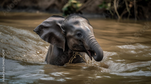 Playful Baby Elephant Drinking Water in a Serene Pond © Luuk
