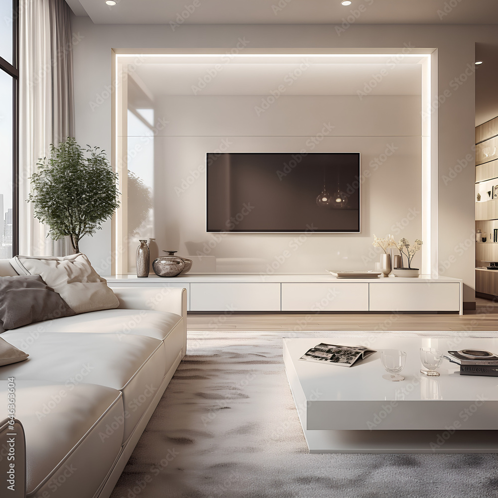White sofa and tv unit in spacious room. Luxury home interior design of modern living room, panorama White sofa and tv unit in spacious room. Luxury home interior design of modern living room, panorama