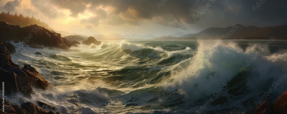 Sea with crashing waves photo realistic illustration - Generative AI.