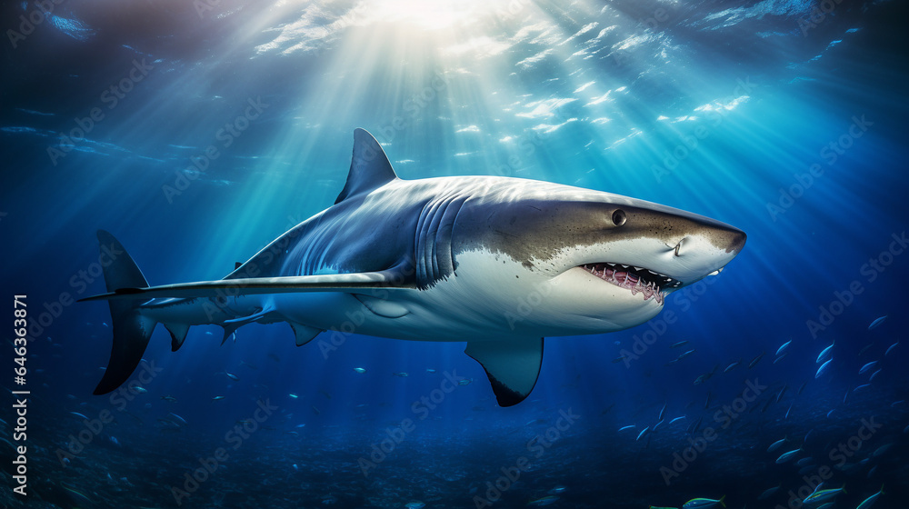 Fototapeta premium Sunlit Shark in Ocean Depths