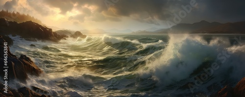 Sea with crashing waves photo realistic illustration - Generative AI.