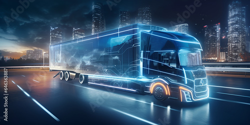 A futuristic truck with an autopilot delivers goods to a warehouse,  truck bus electric car of the future rides on the road in the tunnel, eco clean environment without harmful waste, generative AI