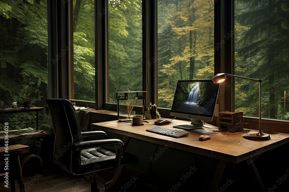 Table And Chairs In A Office Room, Nature Background, Green Office Room, Home Office Workspace, Home Office Room