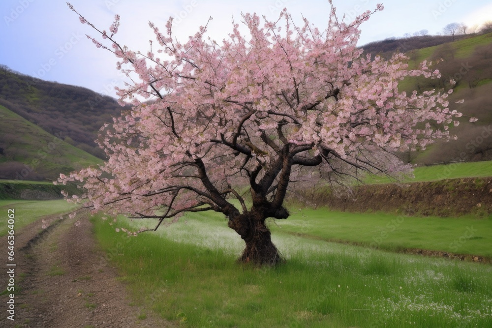 a picture of a single cherry blossom tree growing in the wilderness
