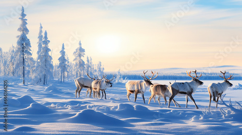 Snowy Winter Landscape with Reindeer in Sunlight