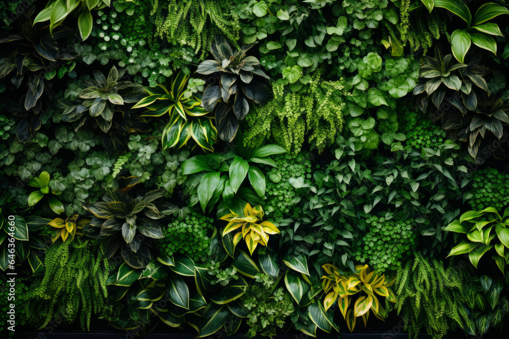 living wall tropical green plants background. Vertical garden - obrazy, fototapety, plakaty 