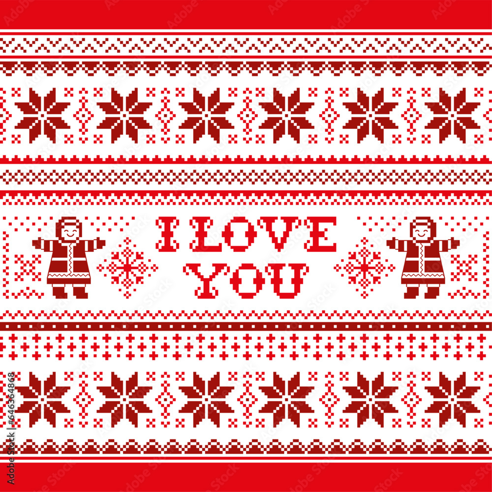 I love you vector greeting card pattern in red background - Scandinavian knnitting, cross-stitch design, ugly Christmas sweater style
I love you vector greeting card pattern in red background - Scandinavian knnitting, cross-stitch design, ugly Christmas sweater style