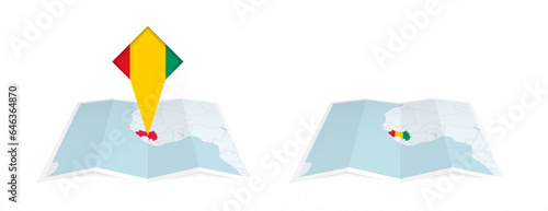 Two versions of an Guinea folded map, one with a pinned country flag and one with a flag in the map contour. Template for both print and online design.
