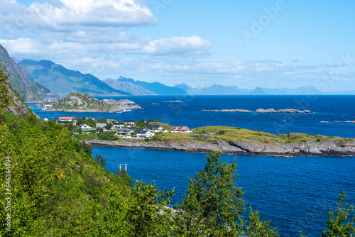 Summer sunny day at Lofoten, Norway, Nordland. Landscape with dramatic mountains and sea, ocean. fjord in the Lofoten Islands © Ilja