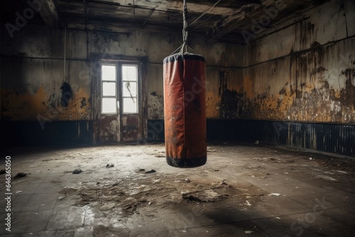 worn-out punching bag swaying in an eerie, empty gym photo