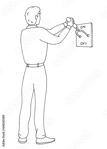 Man turns the switch isolated graphic black white sketch illustration vector