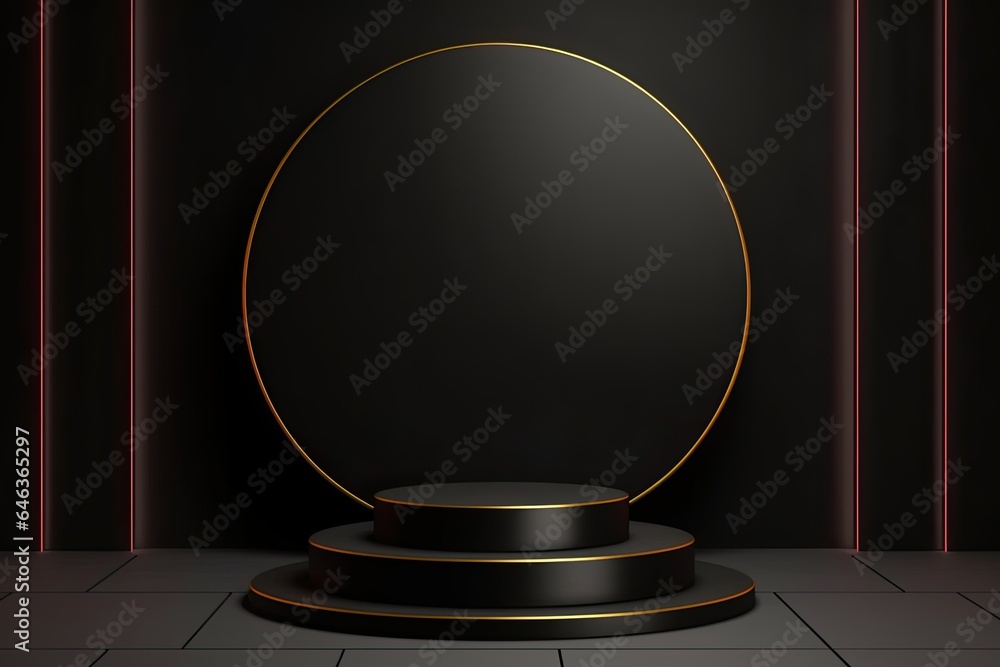 black podium with golden lines on a black background. realistic pedestal. dark background. black podium with golden lines on a black background. realistic pedestal. dark background.