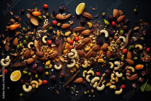 an overhead shot of mixed nuts scattered randomly