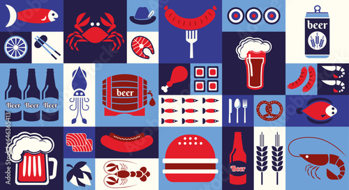 Simple geometric background. Mosaic minimal beer, glass, can, crab shrimp, fish oyster octopus, salmon, sausages, hot dog simple Bauhaus style. Beer pattern