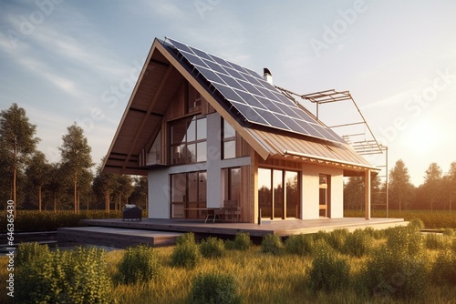 Energy-efficient house with solar panels on roof and wind turbines around. Generative AI © Artur