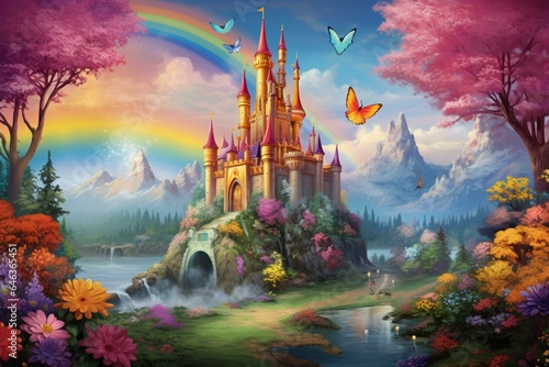 Panoramic garden scene with colorful butterflies, rainbows, and a castle. A vibrant and lively palette for multiple purposes. Generative AI