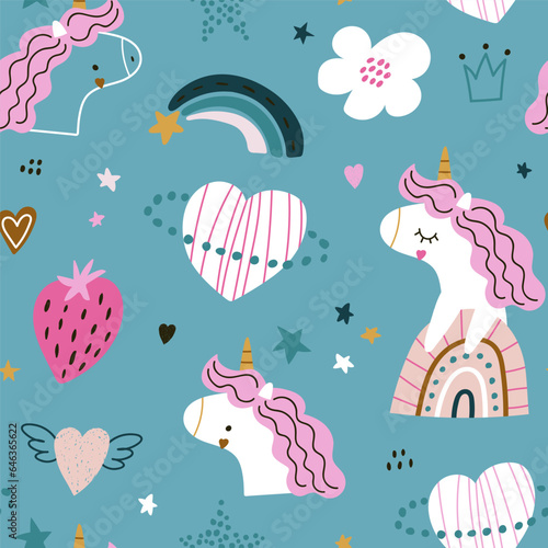 Seamless kids pattern with cute unicorns, heart planet, rainbow, star. Childish creative pink texture. Vector illustration
