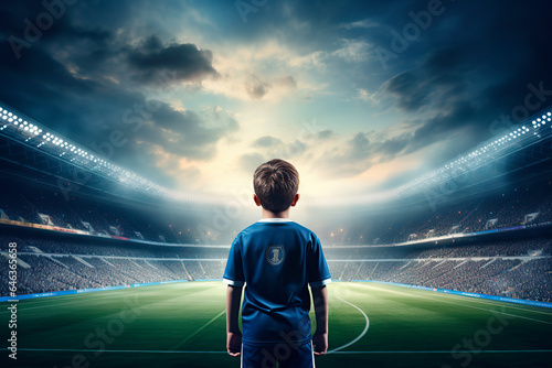 Kid standing in soccer stadium future dream to be a professional footballer. 