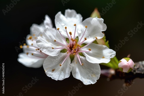 closeup of a single cherry blossom flower growing on a branch in the summer