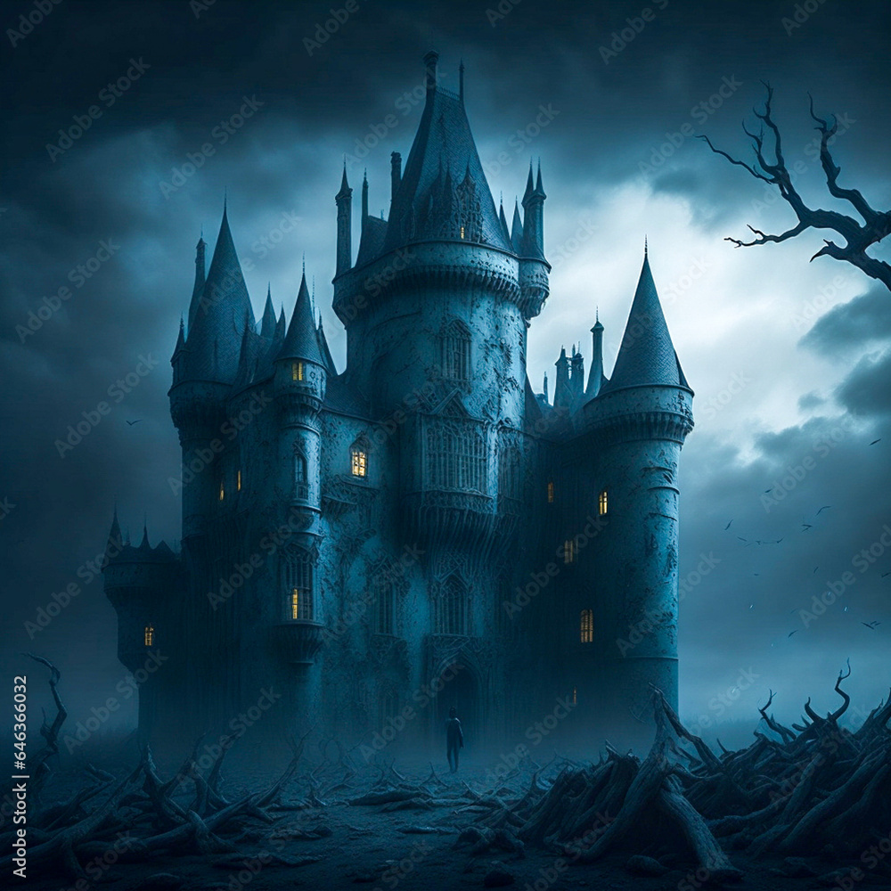 Majestic Spooky Castle Under the Moonlight - Generative AI