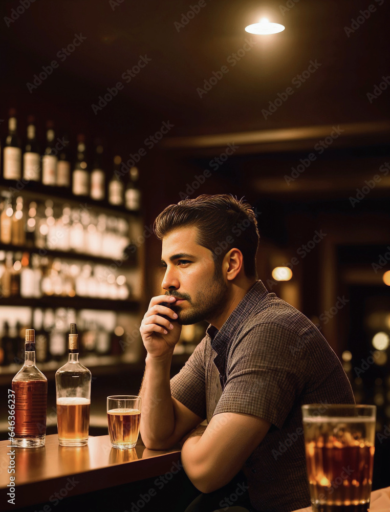 Thoughtful man sitting at bar, glass of alcohol and bottle of whiskey on table