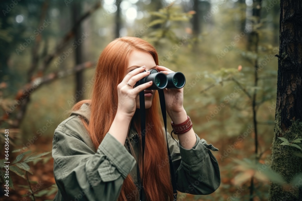 shot of a young woman using binoculars while doing research in the forest