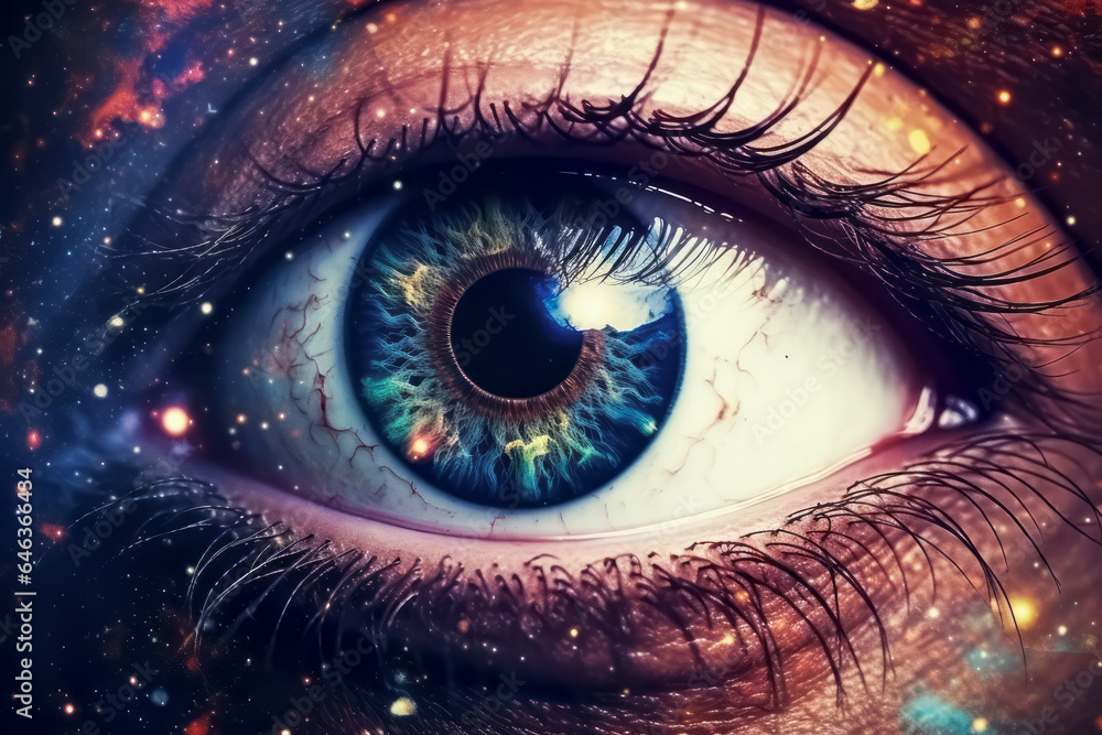 Surreal eye of universe. Galaxy vision. All-seeing eye, cosmic order, spiritual guidance concept. Surreal eye of universe. Galaxy vision. All-seeing eye, cosmic order, spiritual guidance concept.