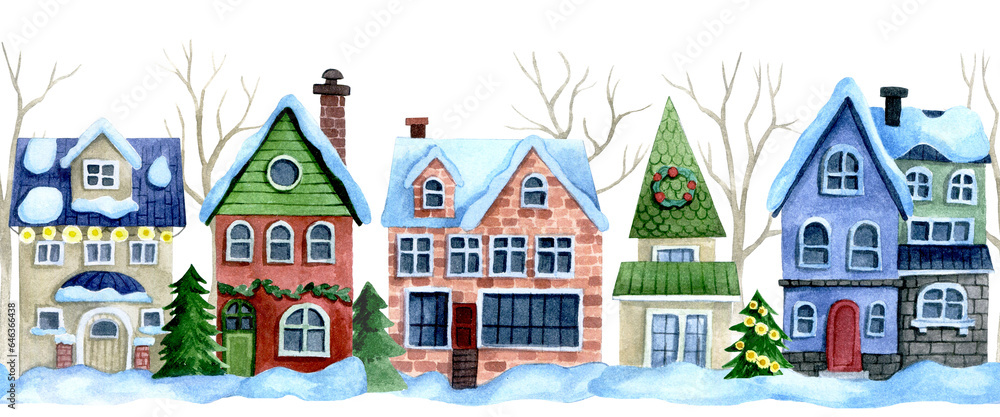 watercolor drawing seamless border christmas street. cute winter houses, christmas trees, vintage style