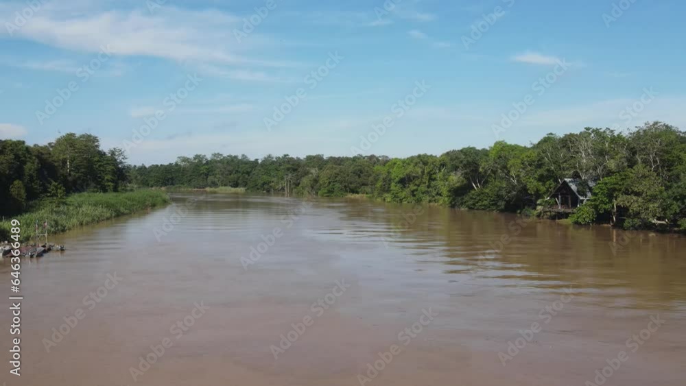Aerial Flying Over Brown Kinabatangan River. Push Forward Shot Aerial Flying Over Brown Kinabatangan River. Push Forward Shot