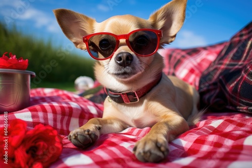 chihuahua with heart-shaped sunglasses, laying on a picnic blanket © Natalia
