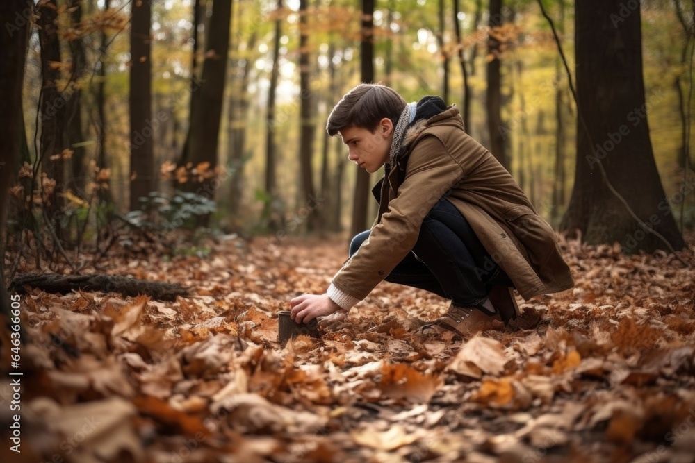 shot of a young biologist looking at animal footprints in the forest shot of a young biologist looking at animal footprints in the forest