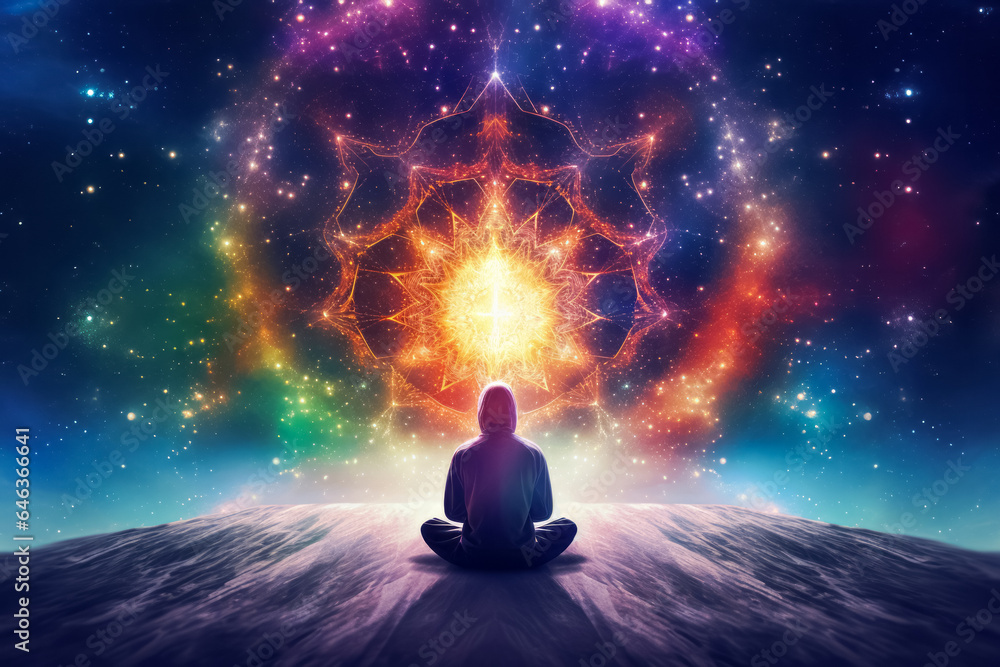 Spiritual meditation, cosmic energy, inner harmony, transcendental experience, healing concept. Spiritual meditation, cosmic energy, inner harmony, transcendental experience, healing concept.