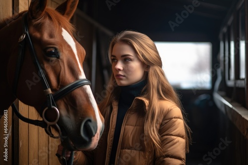 a young woman in a riding stable holding her horse by the reins