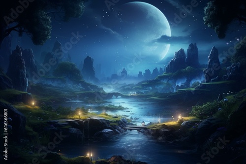 Nighttime natural landscape with glowing lights and dreamy atmosphere. Generative AI