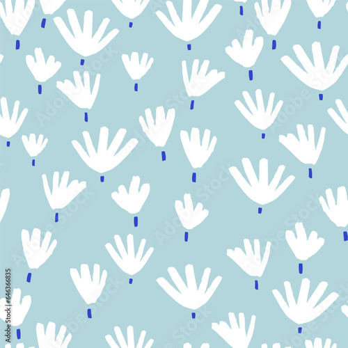 Seamless minimal floral pattern. Vector botanical texture with hand drawn neutural flowers. Vector blue pastel background