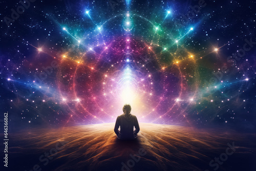 Spiritual meditation, cosmic energy, inner harmony, transcendental experience, healing concept.