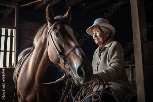 a senior woman riding a horse at a stable © altitudevisual