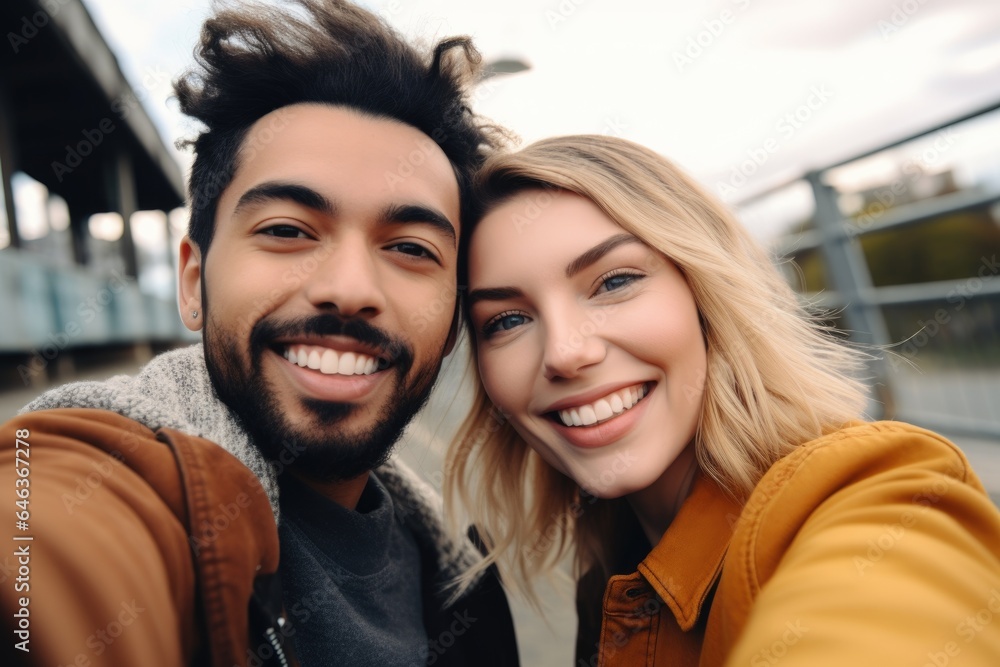 shot of two people taking a selfie together outdoors shot of two people taking a selfie together outdoors
