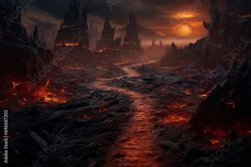 Apocalyptic inferno underworld landscape with road to hell. Life after death religious concept. photo