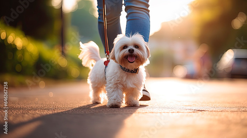the dog walks on a leash with the owner during a walk in the city 