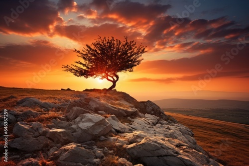 a lone tree on a hilltop against the backdrop of the setting sun