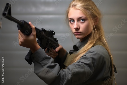 a young woman holding a gun and pointing it at the camera