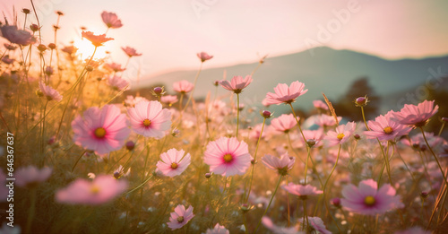 colorful sunset flower meadow beautiful pink violet background nature blooming field. Generative AI.