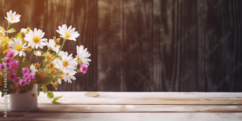 Flower vase on wooden table. Spring delight. Colorful daisy arrangement capturing beauty of season