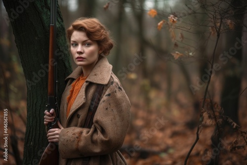 a young woman with a shotgun in a forest