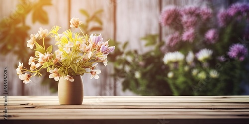 Flower vase on wooden table. Spring delight. Colorful daisy arrangement capturing beauty of season © Thares2020